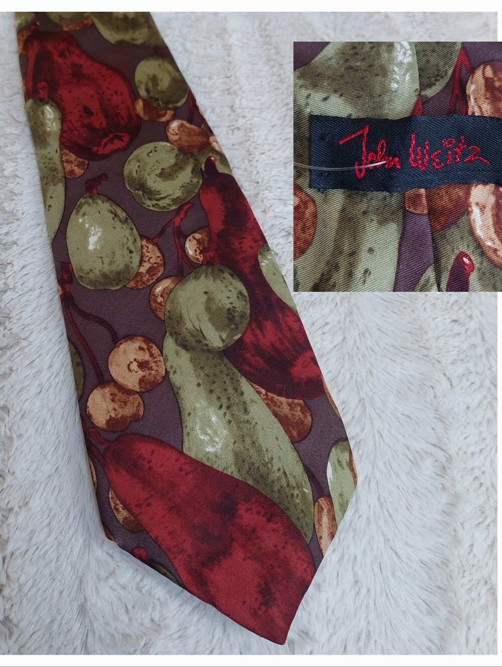 John Weitz Men's Tie Silk Fruit Print Tie in Burgundy Olive Tan